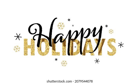 HAPPY HOLIDAYS black vector banner with snowflakes and gold glitter