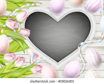 Happy Holidays. Blackboard, tulips and decorative eggs. EPS 10 vector file included