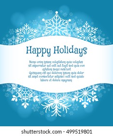 Happy holidays blue background with text. Vector snowflakes vacation poster