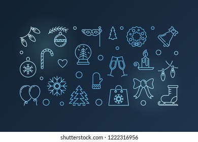 Happy Holidays blue horizontal banner made with christmas or New Year line icons. Vector illustration