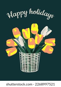 Happy Holidays. Bouquet of flowers with on a dark green vertical background. Festive spring card. Vector.