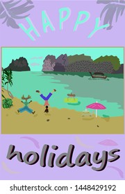 Happy holidays bright vector lettering and illustration of people on vacation on a lilac background