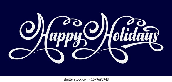 Happy Holidays calligraphic text on blue background.