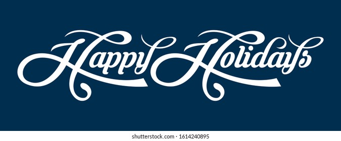 Happy Holidays calligraphic text on blue background.