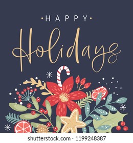 Happy holidays calligraphy. Handwritten modern brush lettering. Hand drawn design elements. Trendy vintage style.