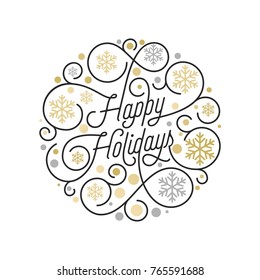 Happy Holidays calligraphy lettering and golden snowflake pattern on white background for Xmas greeting card design. Vector golden Christmas flourish swash for New Year holiday text decoration