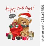 happy holidays calligraphy slogan with bear doll and present boxes vector illustration