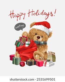 happy holidays calligraphy slogan with bear doll and present boxes vector illustration