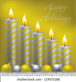 Happy Holidays candle, bauble and tinsel card in vector format.