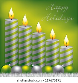 Happy Holidays candle, bauble and tinsel card in vector format.