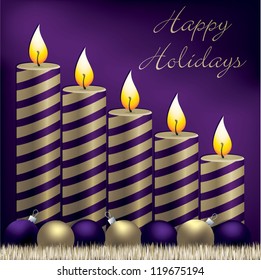 Happy Holidays candle, bauble and tinsel card in vector format.