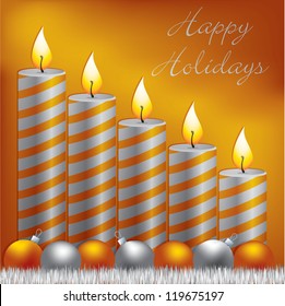 Happy Holidays candle, bauble and tinsel card in vector format.