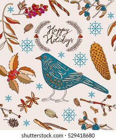 Happy holidays card with bird. Vector Illustration.