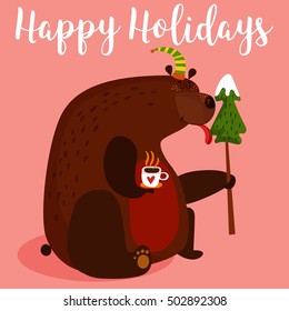Happy holidays card in cartoon style. Beautiful holiday background with cute bear in stylish colors