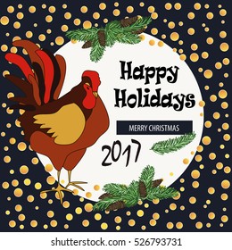 Happy holidays  card  with a cock on a blue background.