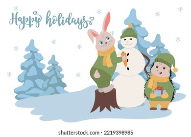 Happy holidays card. Cute baby animals making a snowman.