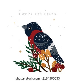 Happy holidays card with cute bullfinch and winter plants isolated on white background