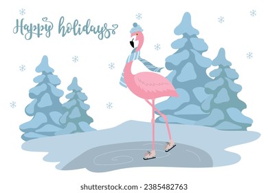 Happy holidays card. Cute flamingo skating. Vector illustration for winter holidays