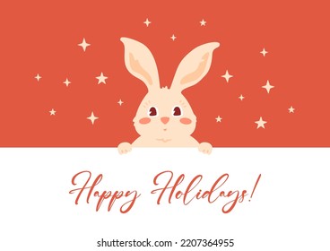 Happy Holidays card with cute rabbit portrait peeking out of banner with greeting text. Vector illustration with bunny head. Stars on red background. Traditional Christmas print with symbol of year