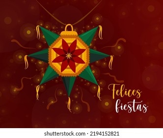 Happy Holidays card decorated with a traditional Mexican piñata (seven-pointed star) on a reddish background with sparkles of light. Posada piñata, Mexican tradition.