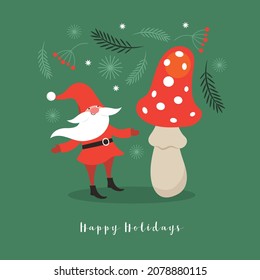 Happy Holidays card design	
Gnome and the fly agaric mushroom