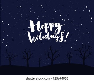 Happy holidays card design. Night sky with falling snow and trees