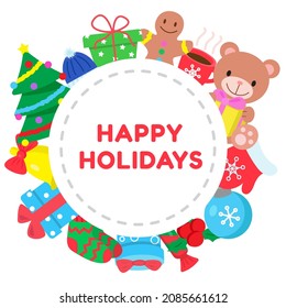Felices vacaciones, tarjeta con diferentes elementos de diseño. Feliz Navidad y feliz Año Nuevo impreso. Marco de imágenes prediseñadas. Imprimir para decoración estacional, carteles, pegatinas, afiches, volantes, invitación. 
