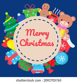 Happy holidays, card with different design elements. Merry Christmas and happy New Year print. Frame of clip arts. Print for seasonal decoration, banners, stickers, poster, flyer, invitation 
