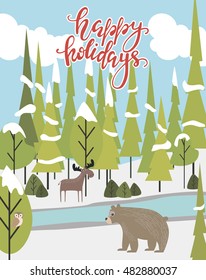 Happy Holidays card with forest view and cute animals