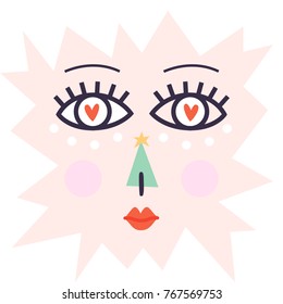 Happy holidays card with fun objects. Greeting card with face and Christmas tree.