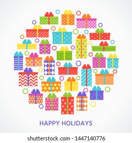 Happy Holidays card with gift boxes. Vector. Christmas greeting design. Festive decoration background. Party template. Creative postcard. Cartoon flat illustration. Wrapped present with bows, ribbons.