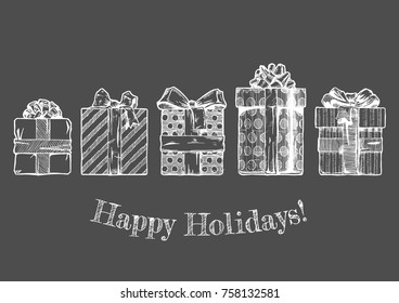 Happy holidays card. Set of different gift boxes on dark gray background. Vector illustration in ink hand drawn style. 