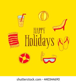 Happy Holidays Card with summer linear icons. Vector illustration