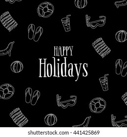 Happy Holidays Card with summer linear icons. Vector illustration