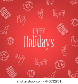 Happy Holidays Card with summer linear icons. Vector illustration