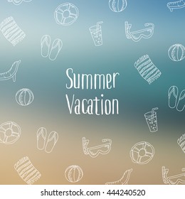 Happy Holidays Card with summer linear icons on blurred background. Vector illustration