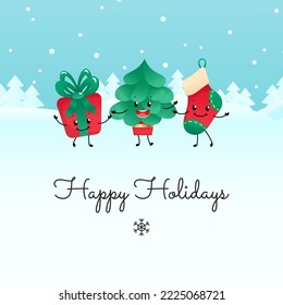 Happy Holidays card template. Cartoon illustration of a dancing gift box, a fir tree and a sock on a background of a winter landscape. Vector 10 EPS.