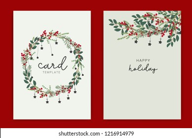 Happy Holidays Card template with green leaf and red berry