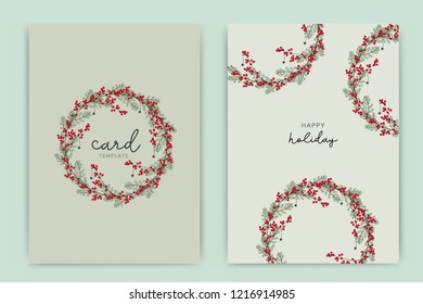 Happy Holidays Card template with green leaf and red berry