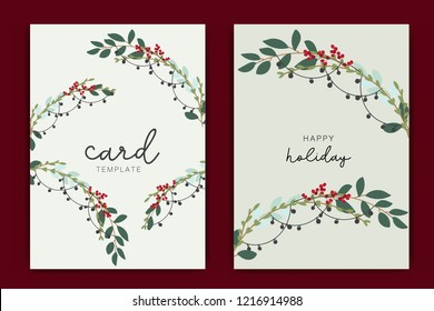 Happy Holidays Card template with green leaf and red berry