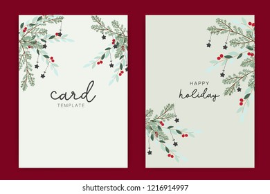 Happy Holidays Card template with green leaf and red berry