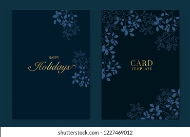 Happy holidays card template with Navy blue and Golden leaf