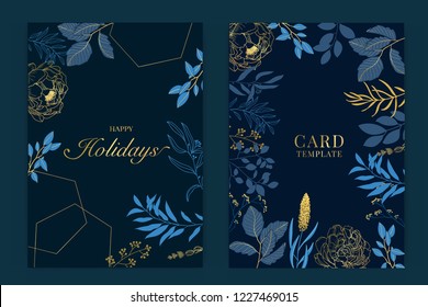 Happy Holidays Card Template With Navy Blue And Golden Leaf