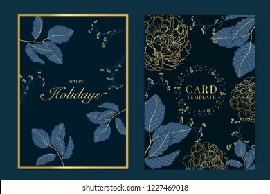 Happy holidays card template with Navy blue and Golden leaf