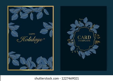 Happy holidays card template with Navy blue and Golden leaf