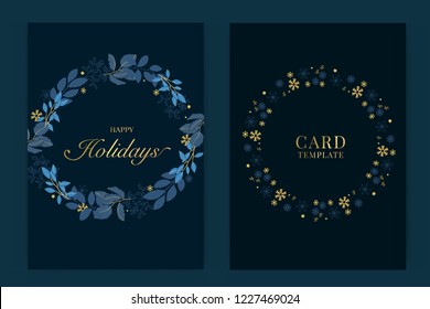 Happy holidays card template with Navy blue and Golden leaf