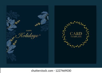 Happy holidays card template with Navy blue and Golden leaf