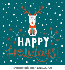 Happy holidays card  templates with hand drawn cute deer, holiday elements and lettering. Christmas cartoon. Christmas card. Vector illustration