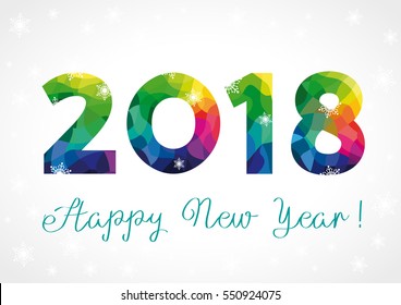 Happy holidays card with vector color facet figures 2018 and greeting text. 2018 new year facet color card