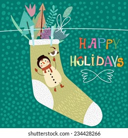 Happy Holidays card in vector with with cute sock, snowman,flowers and trees.Stylish holiday background